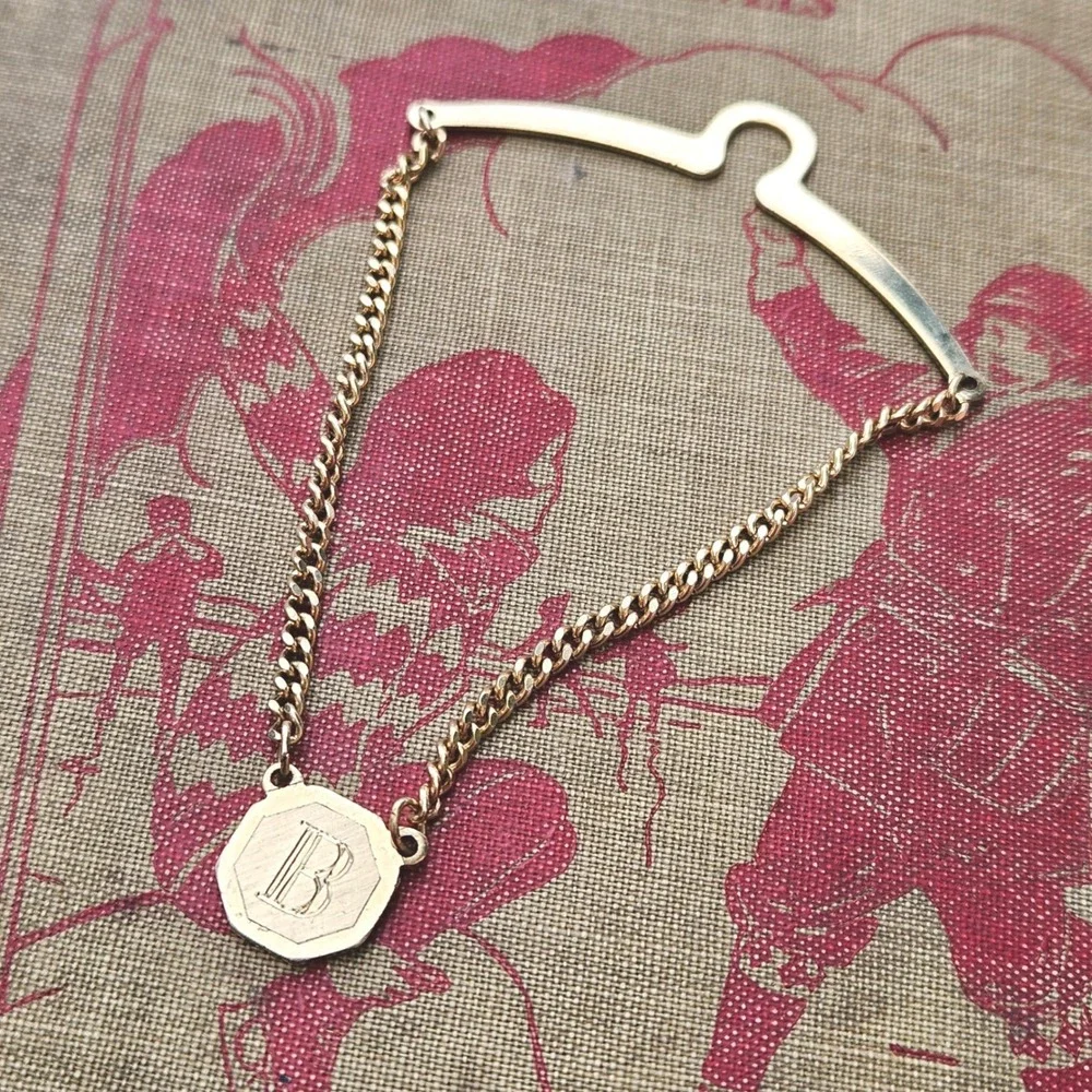 Vintage Gold Tone Initial B Monogram Tie Chain Curb Link Octagon Fob Mens